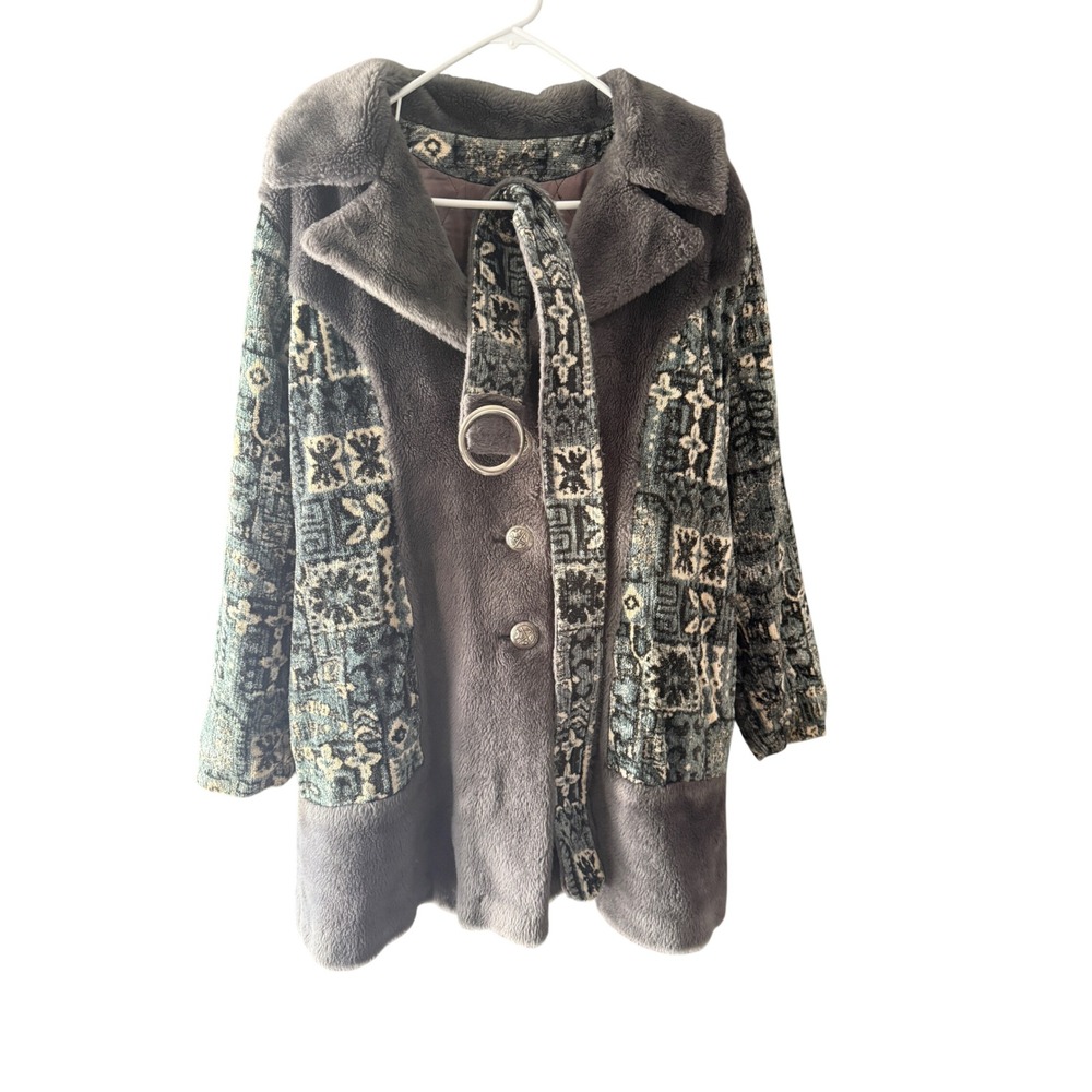 Vintage Style Faux Fur Tapestry Coat Grey Teal Mixed Media Belted Boho Jacket